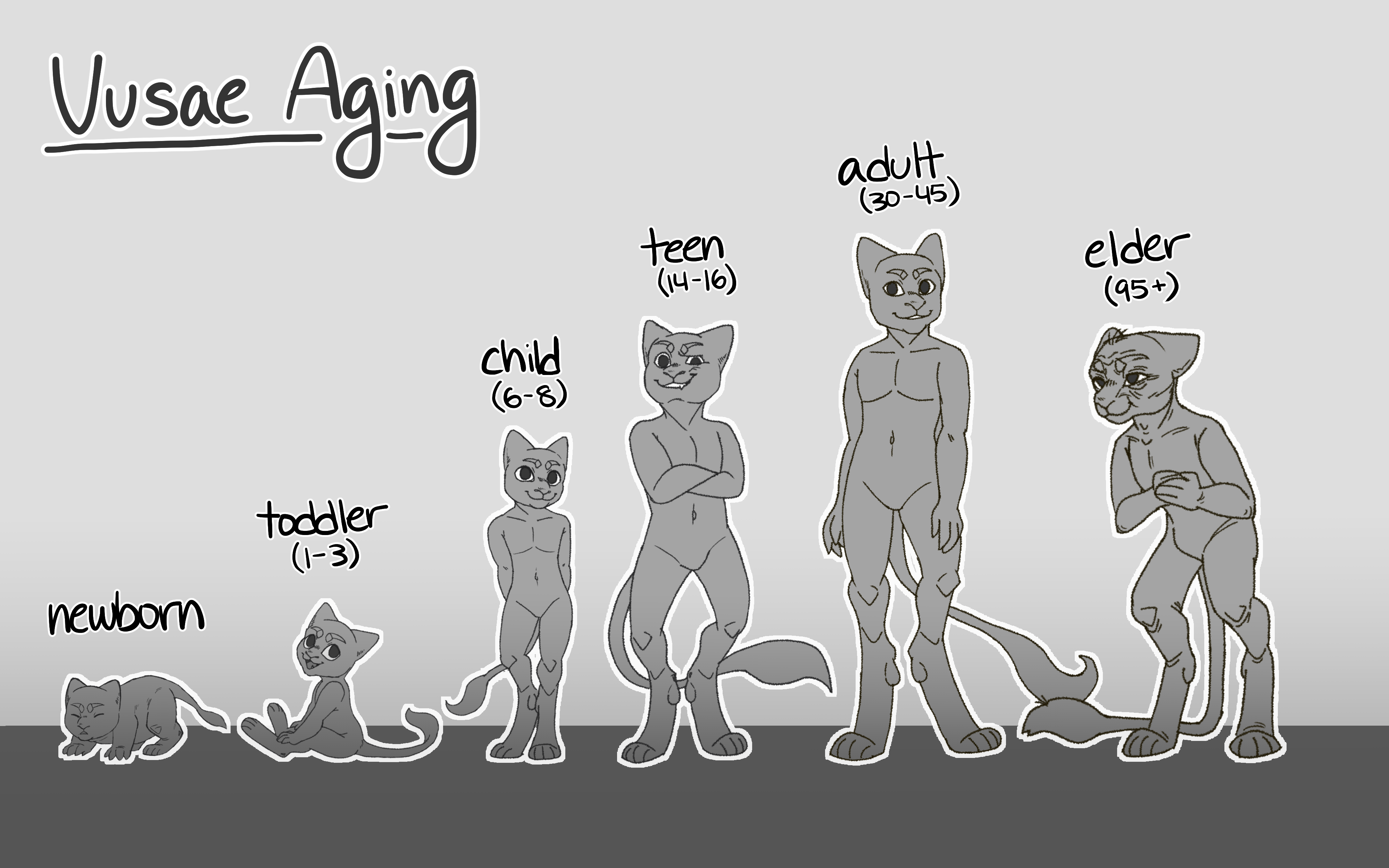 A chart detailing the Vusa aging process, starting from newborn on the far left to an elder on the far right. The header says 'Vusae Aging'.